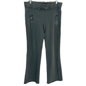 VTG Y2K Vertigo Paris Embroidered Track Pants Women's L Olive Double Sided Bling